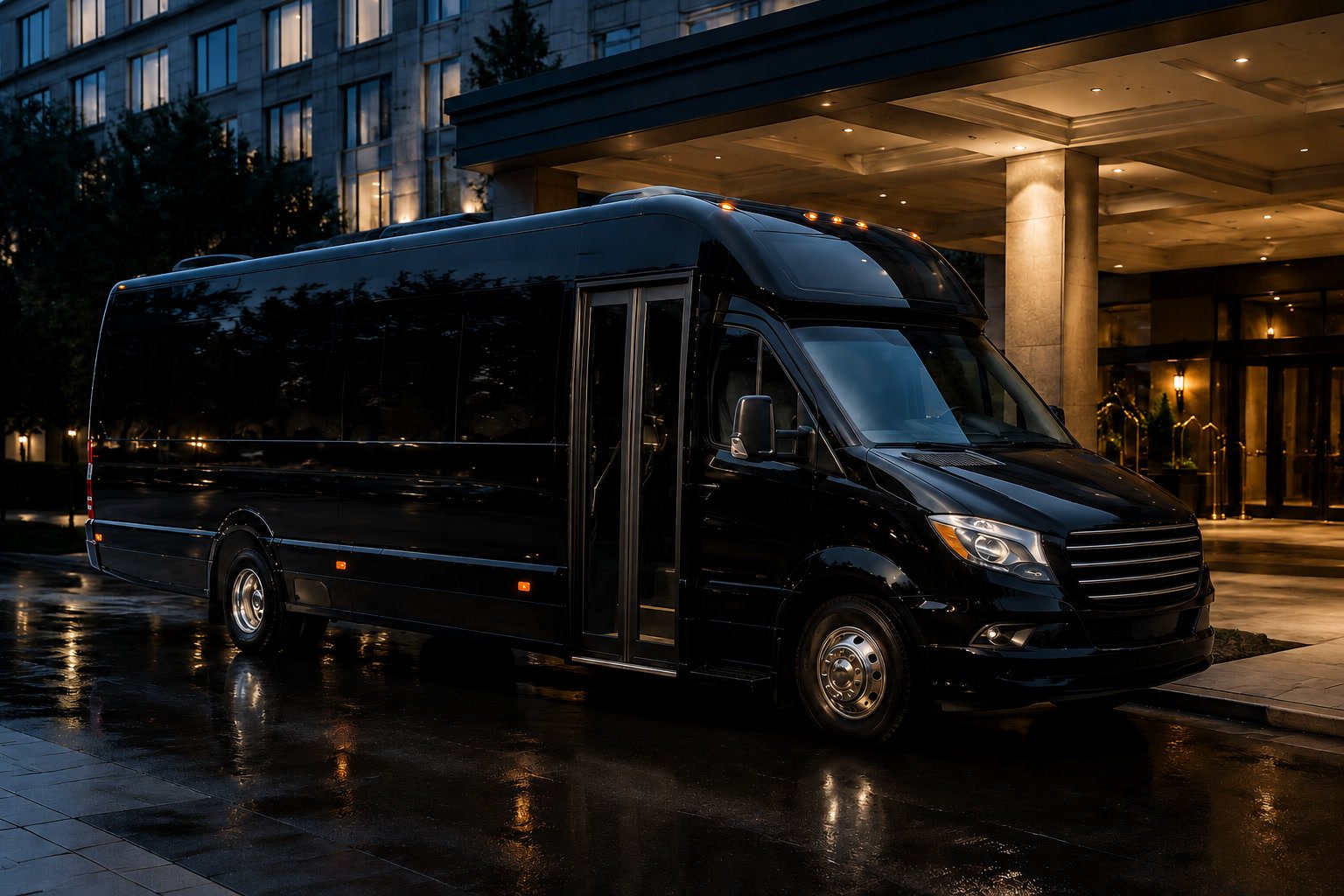 A black executive minibus waiting under a lit portico at dusk