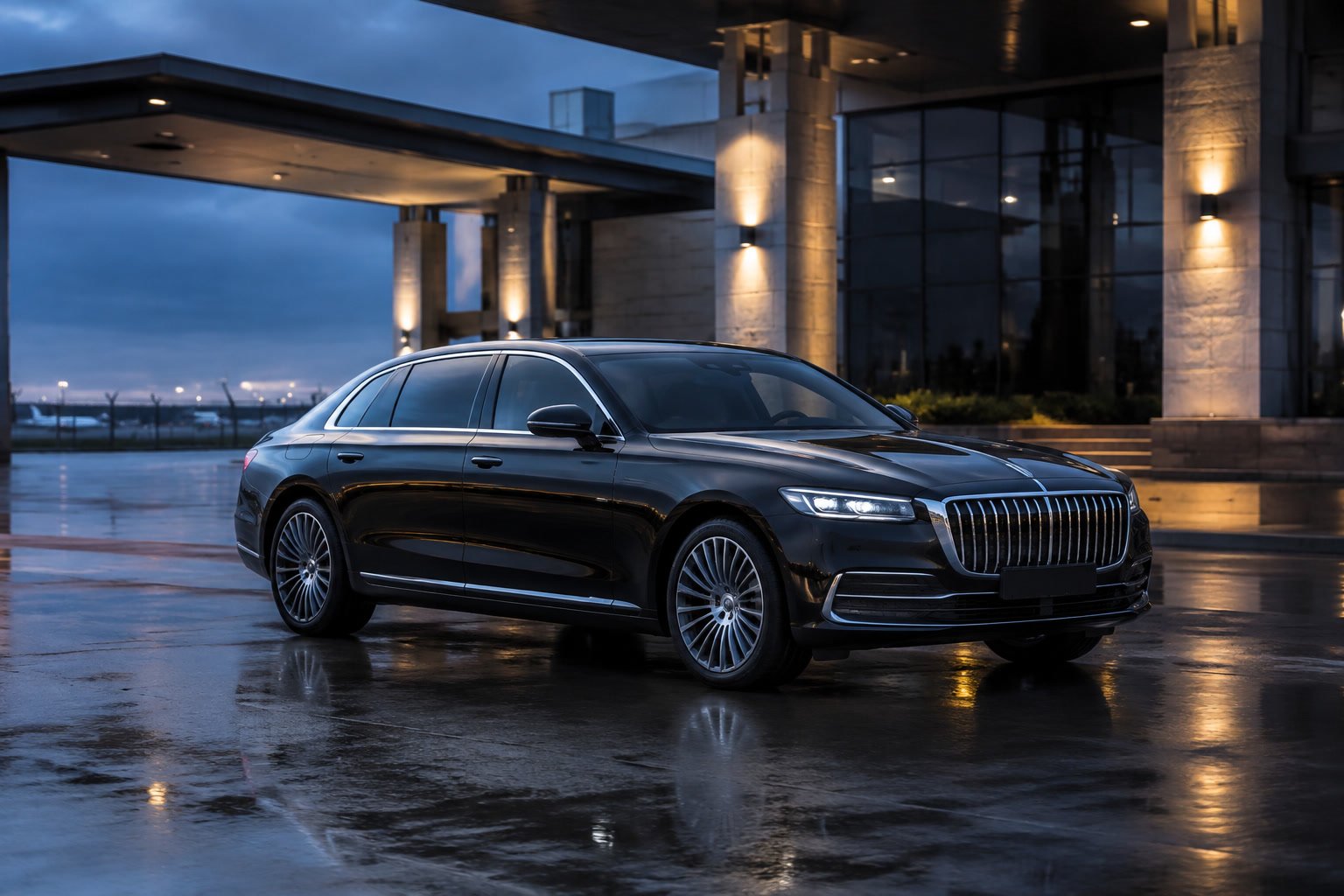 A black executive sedan waiting under a lit portico at dusk
