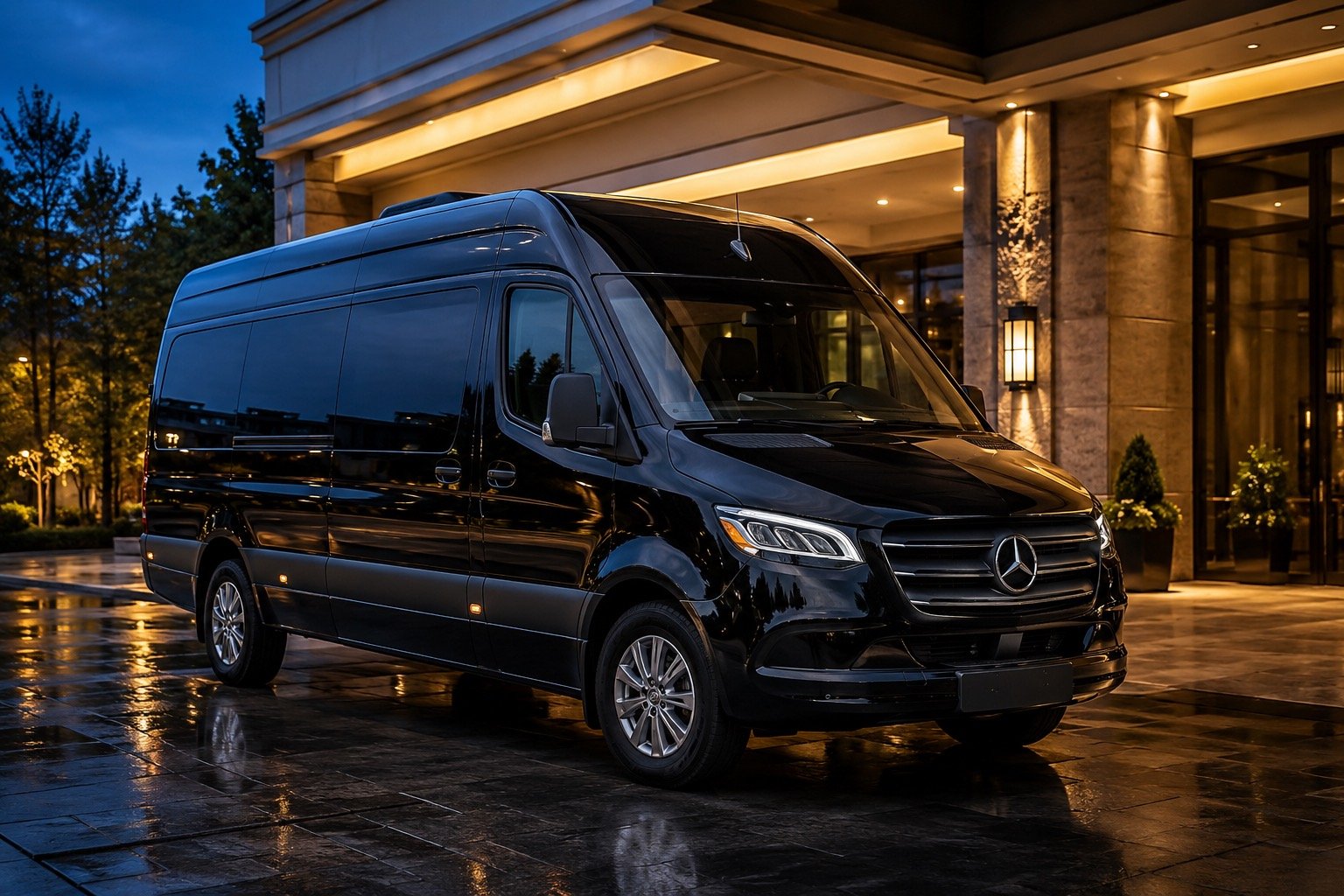 A black high-roof executive Sprinter waiting under a lit portico at dusk