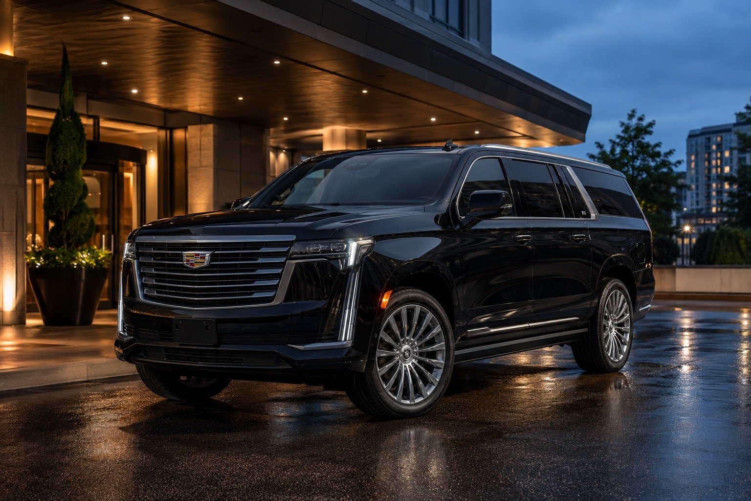 A black full-size luxury SUV waiting under a lit portico at dusk