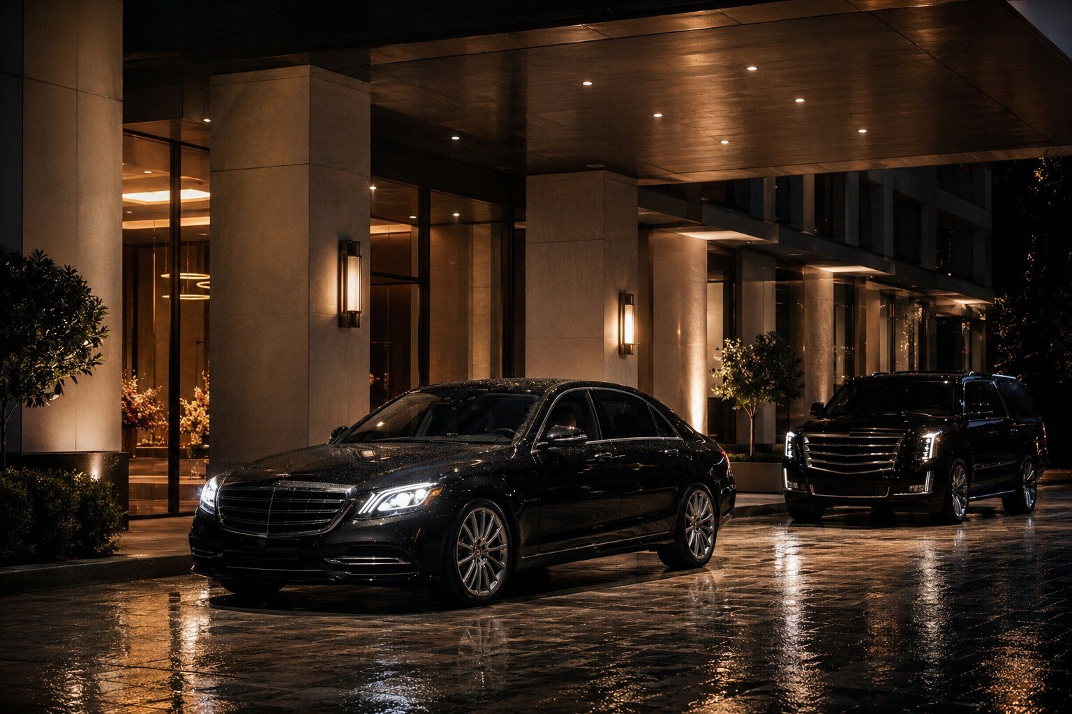Black executive vehicles arriving at an upscale hotel entrance at night