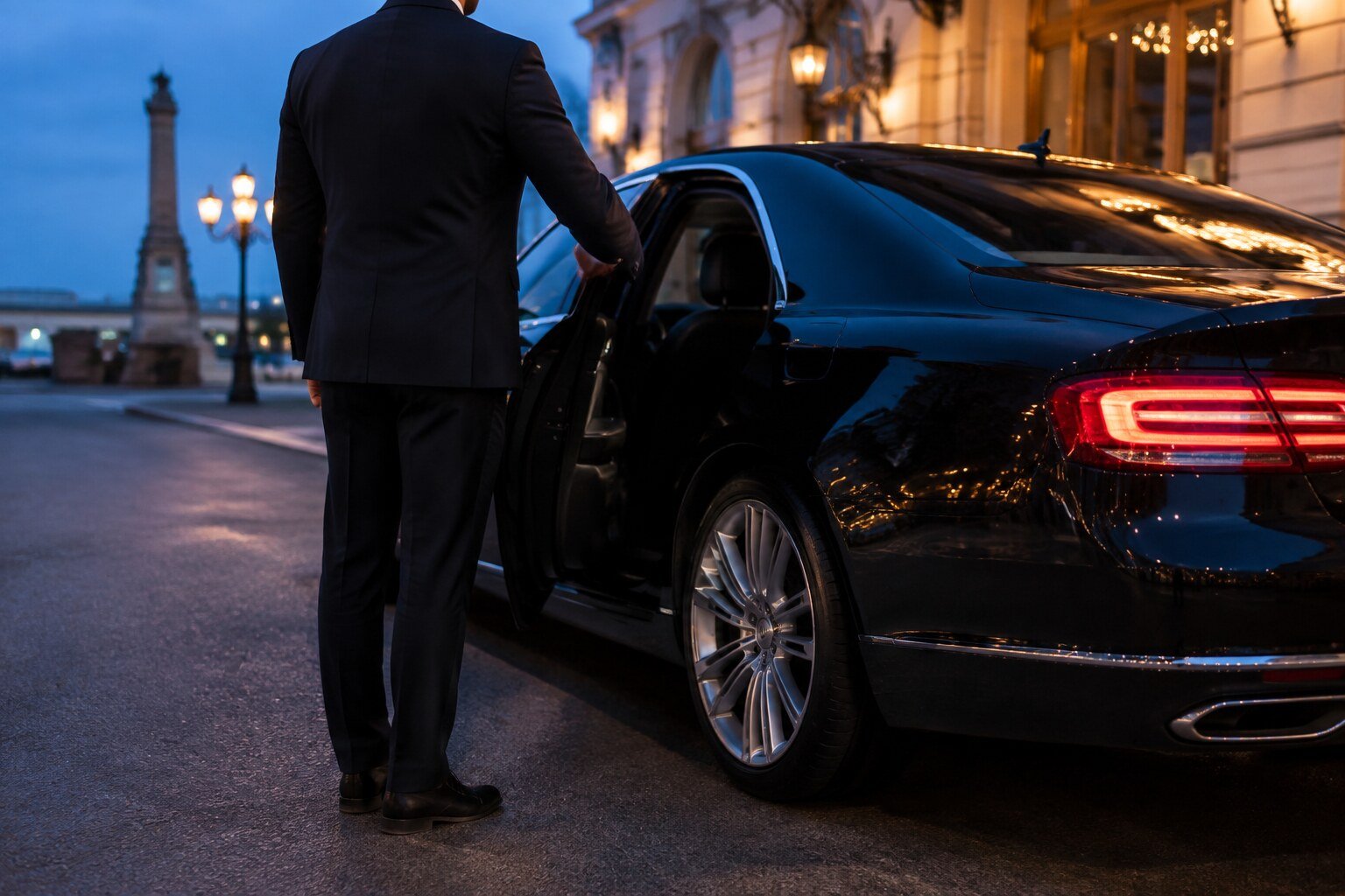 A chauffeur opening the rear door of a black executive sedan