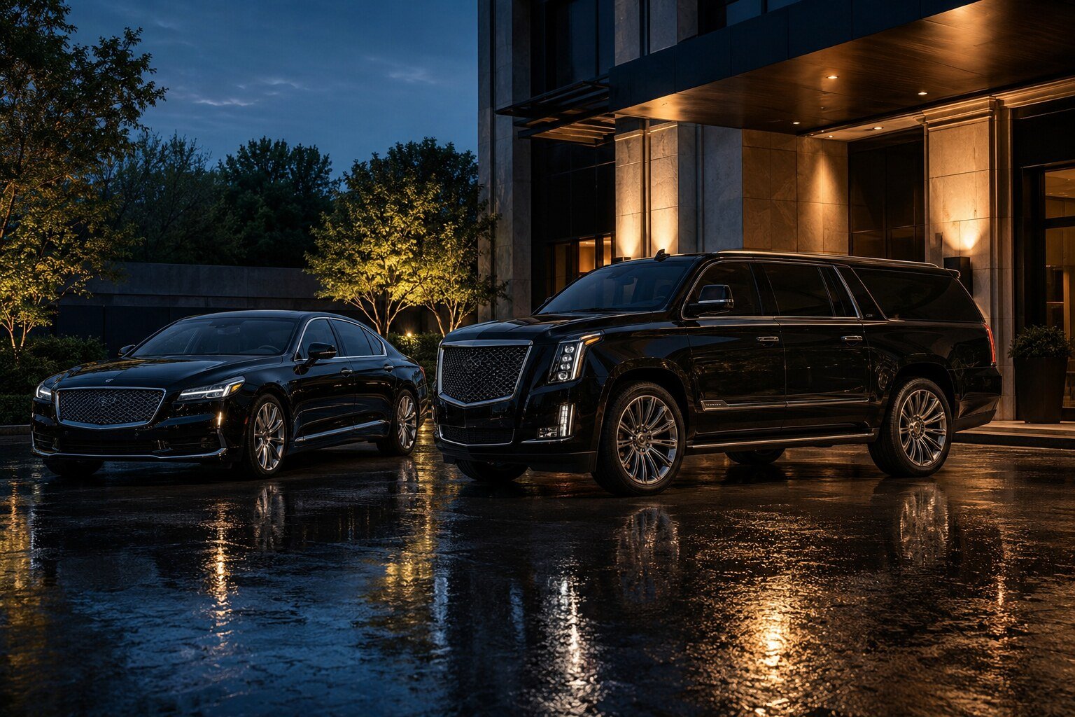 A black executive sedan and luxury SUV staged together at dusk