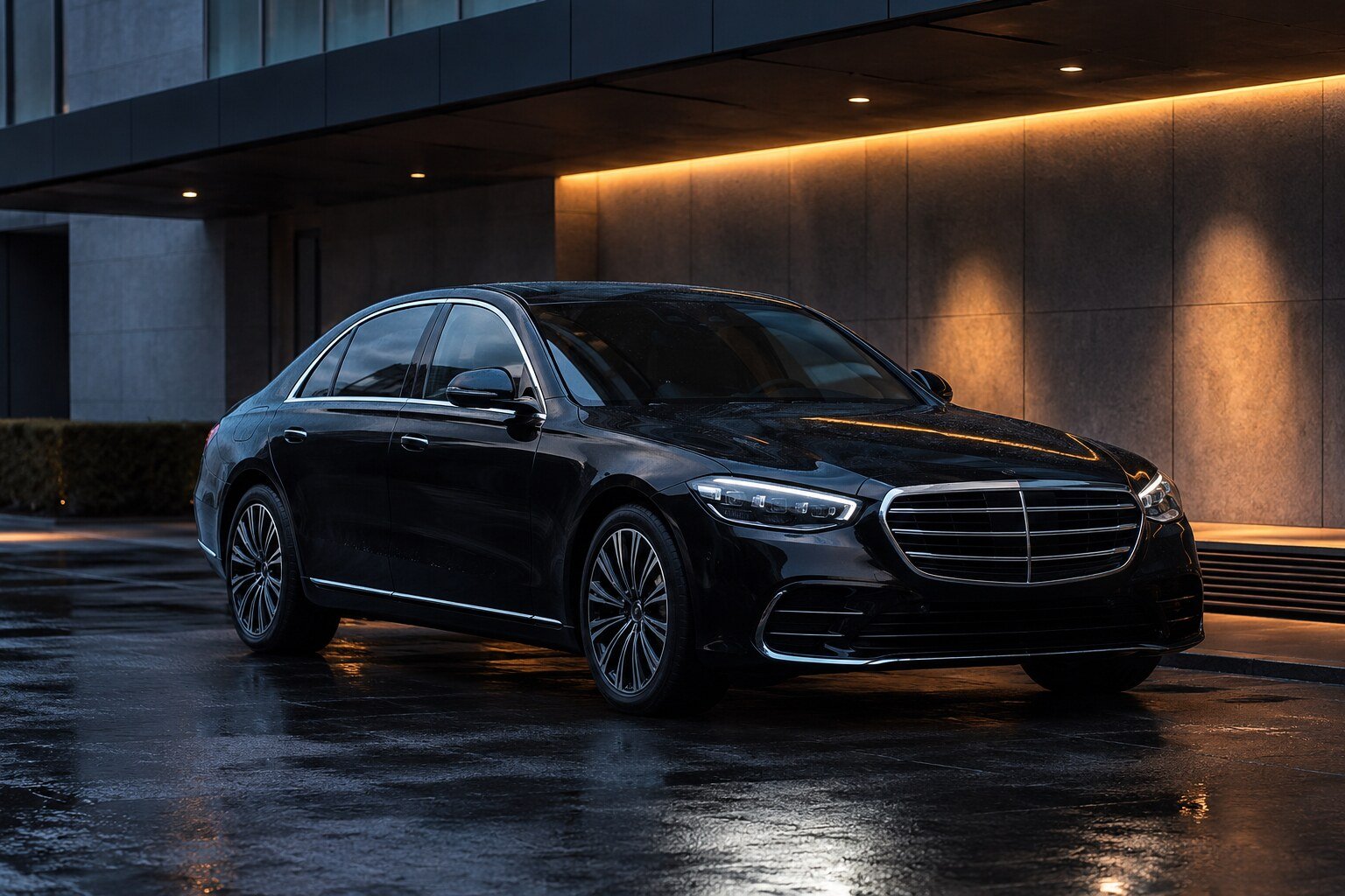A black executive sedan photographed three-quarter front at blue hour
