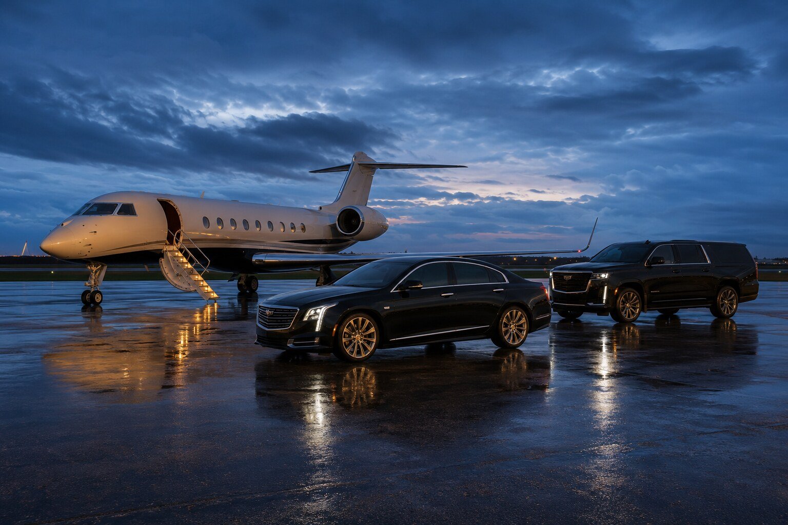 Black executive vehicles staged beside a business jet at a private terminal