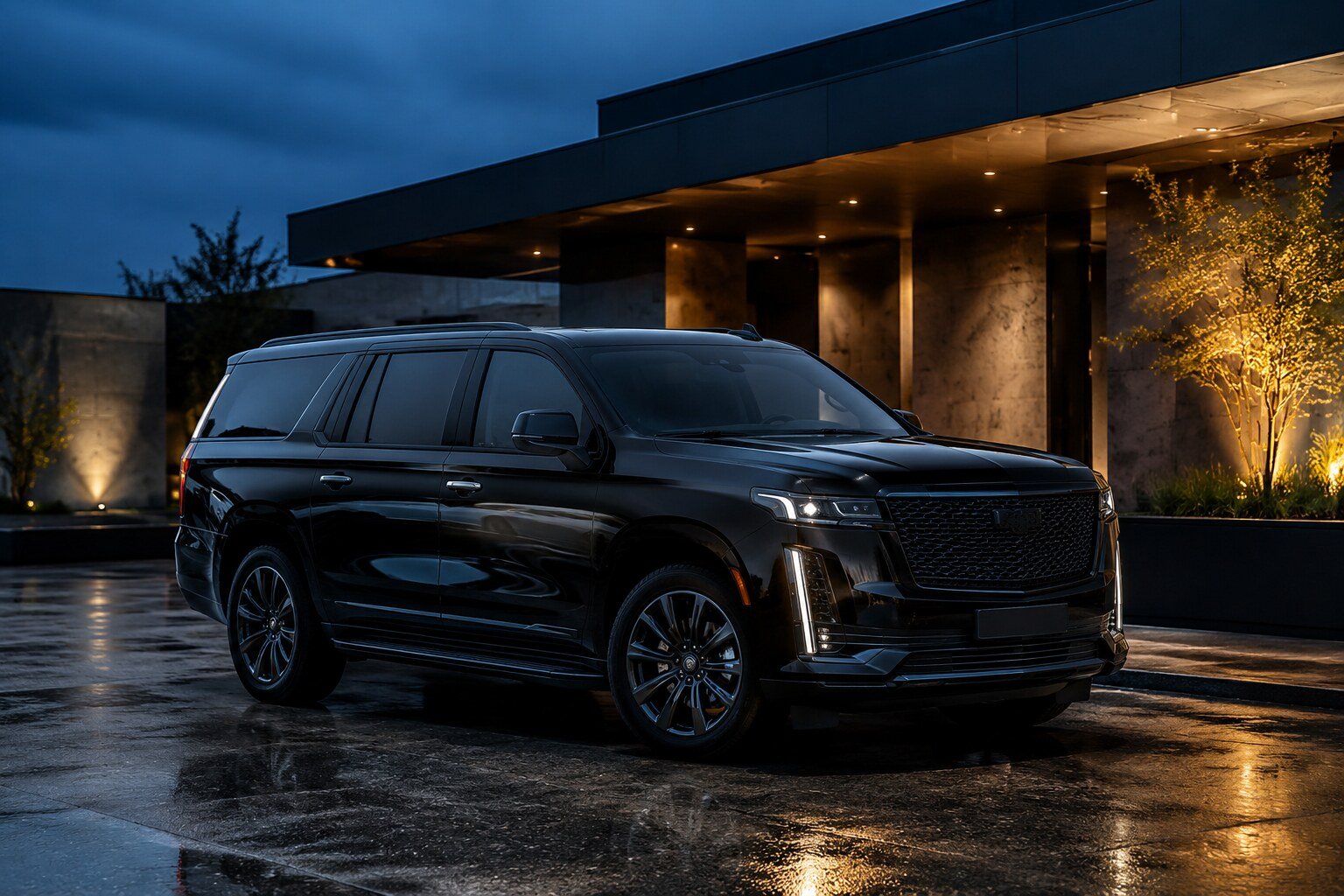 A black full-size luxury SUV outside a lit entrance at dusk