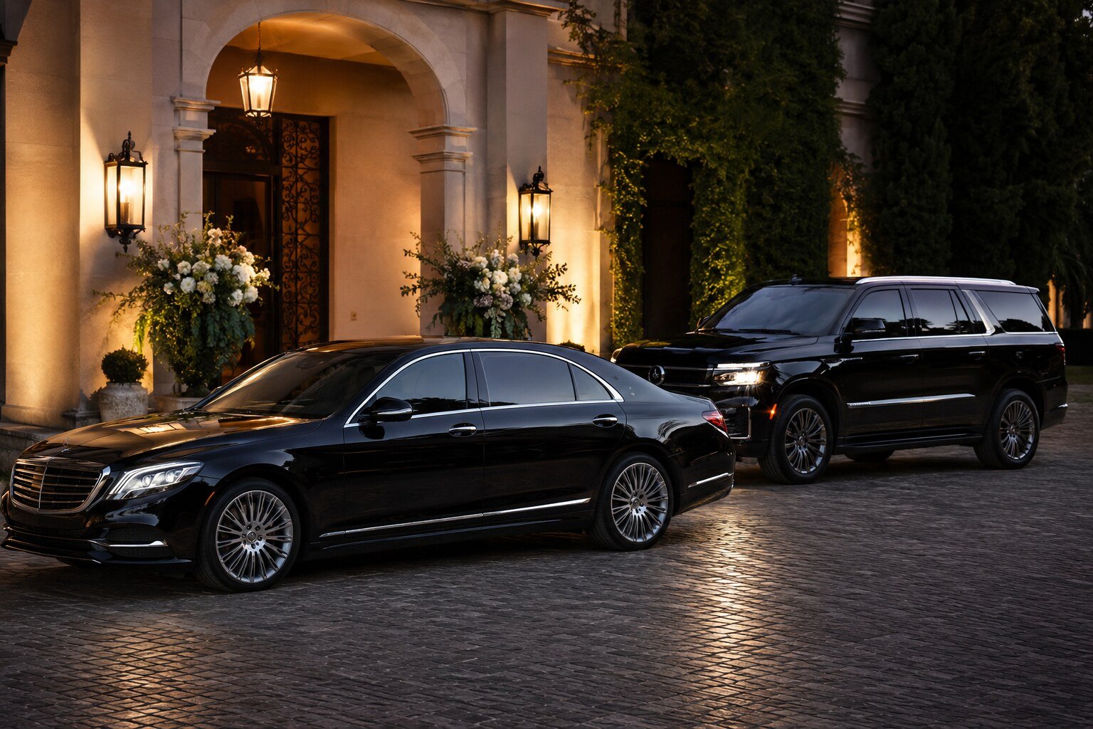 A black executive sedan and SUV outside a refined wedding venue