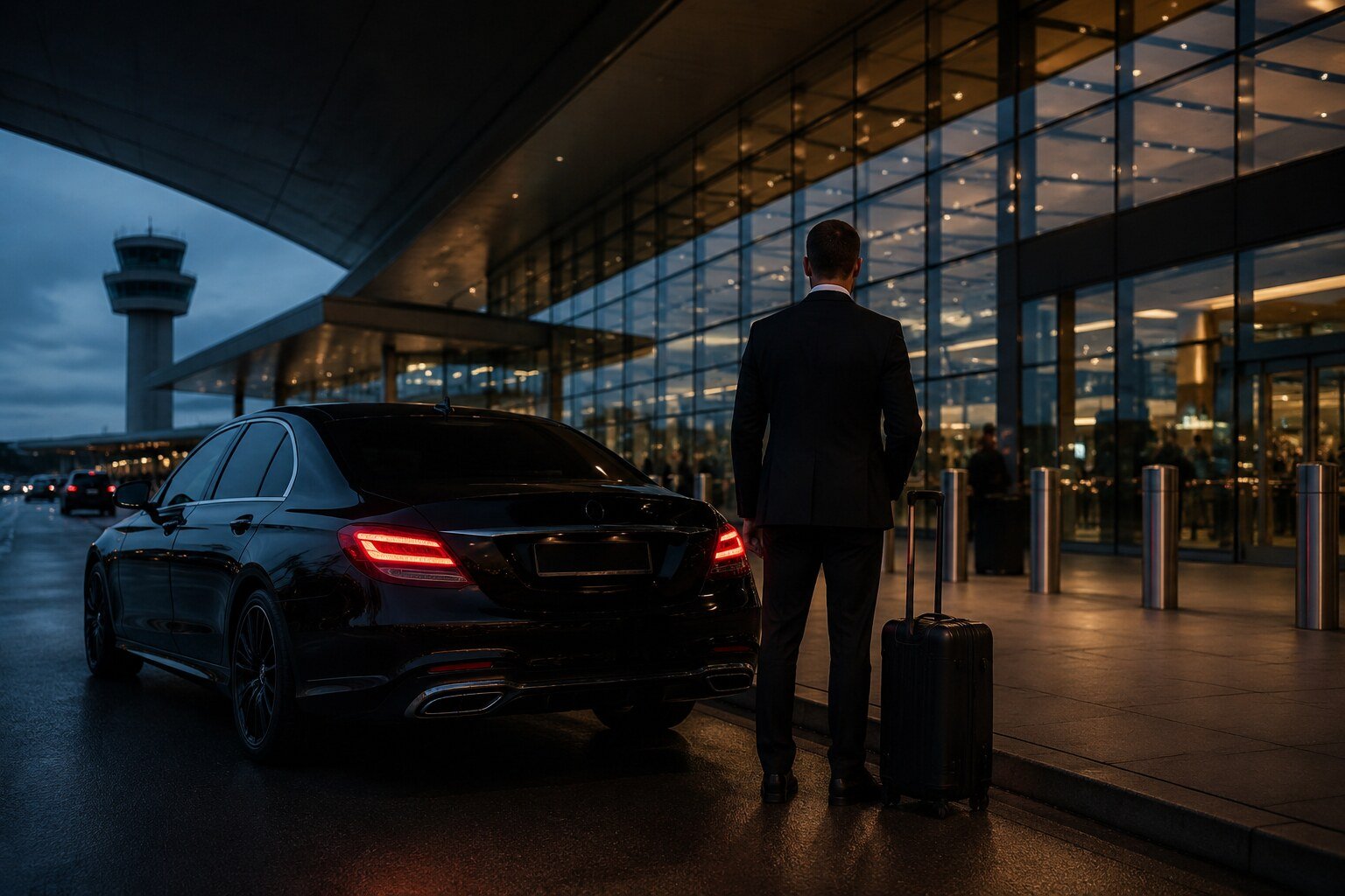A chauffeur waiting at an airport terminal arrivals point at dusk