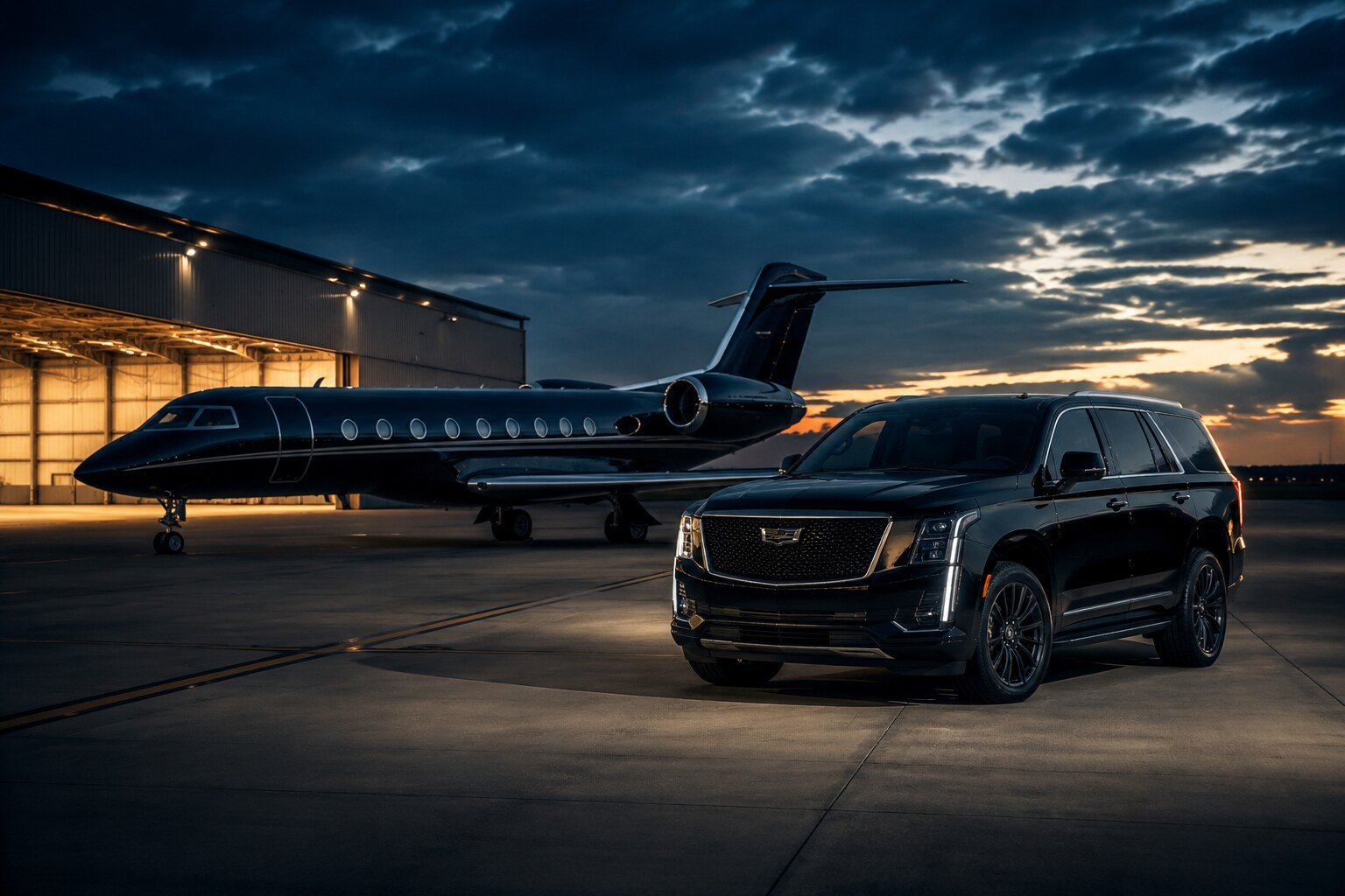 A black executive vehicle waiting beside a business jet on an FBO ramp at dusk