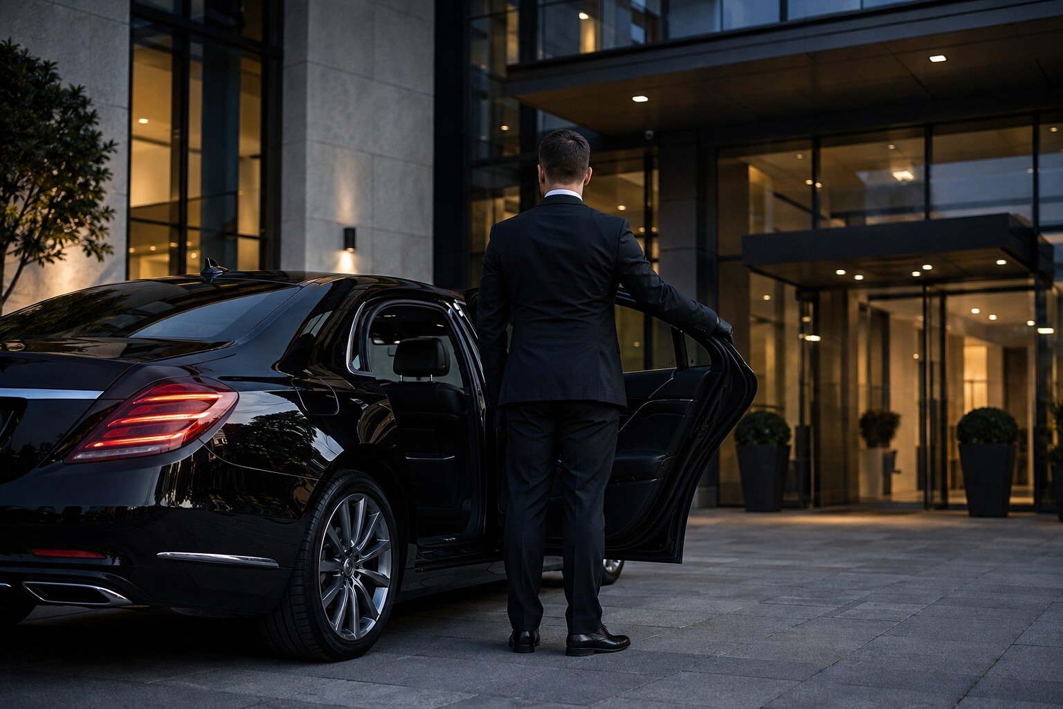 A black executive sedan at a modern office entrance in the early evening
