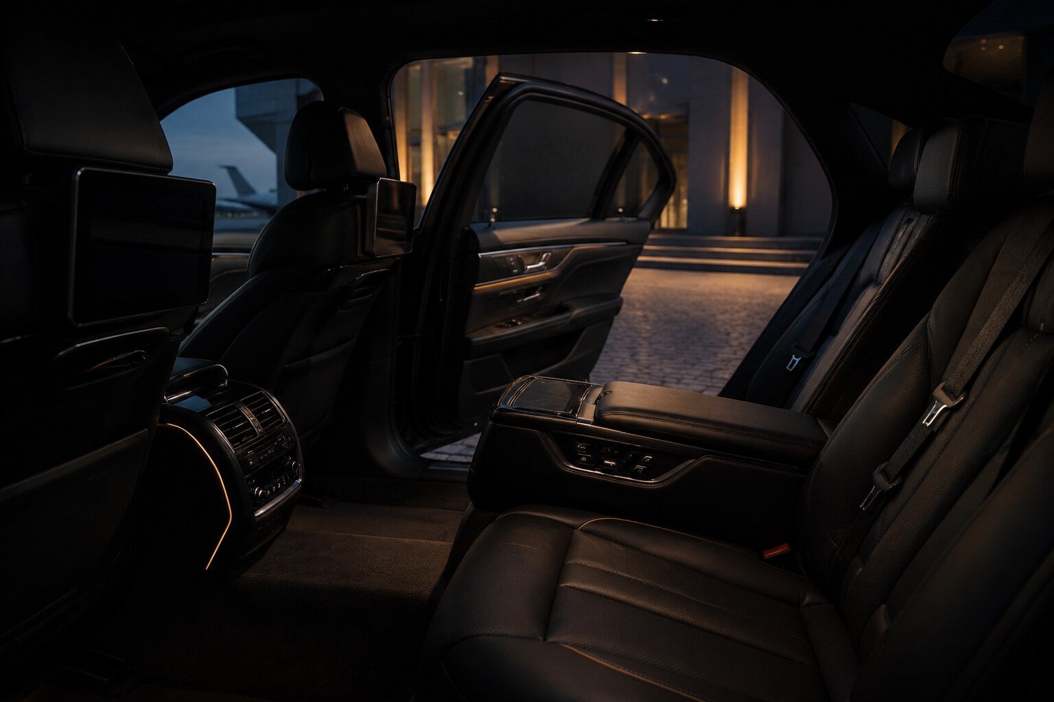 The rear cabin of an executive sedan with understated ambient lighting