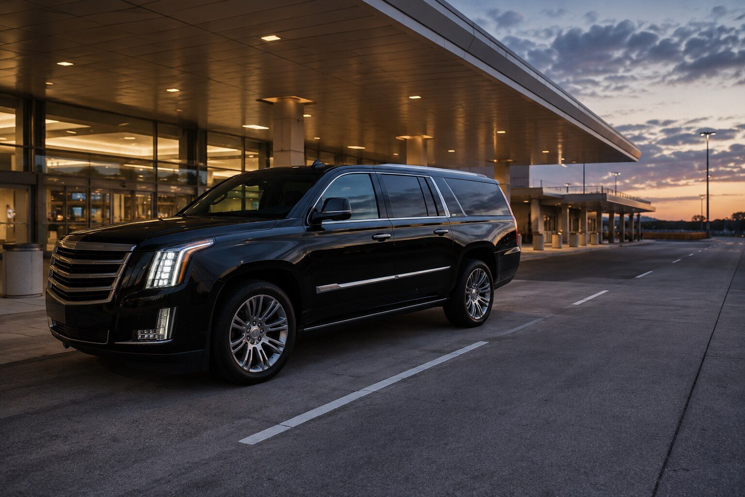 A black executive vehicle at a terminal forecourt at dusk