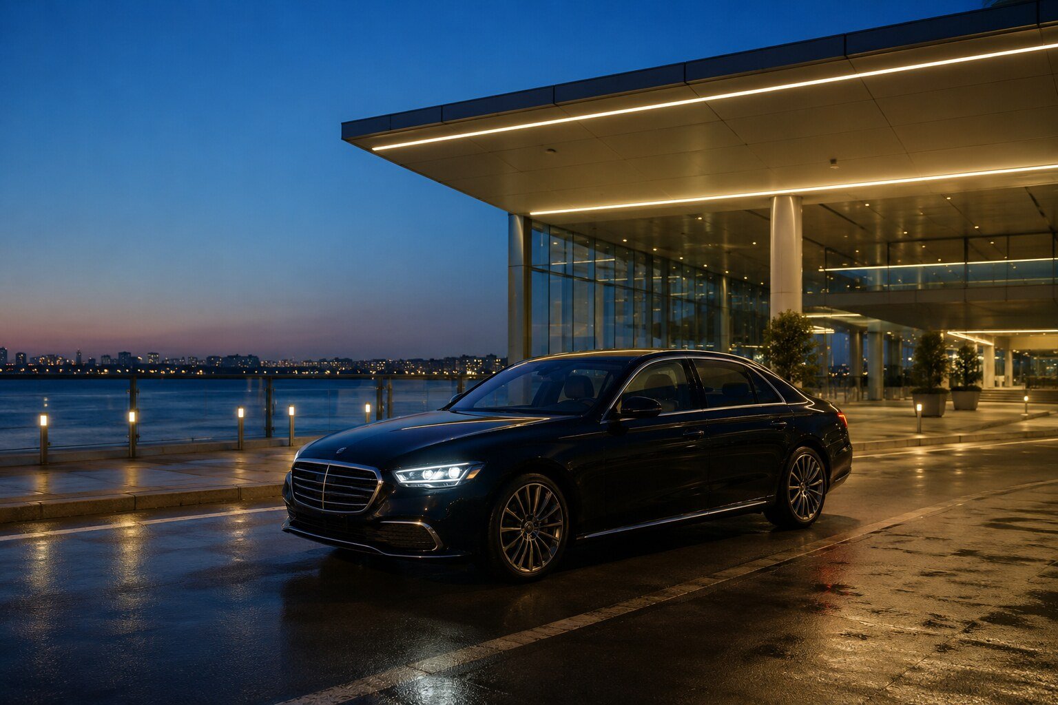 A black executive vehicle at a riverside terminal approach at dusk