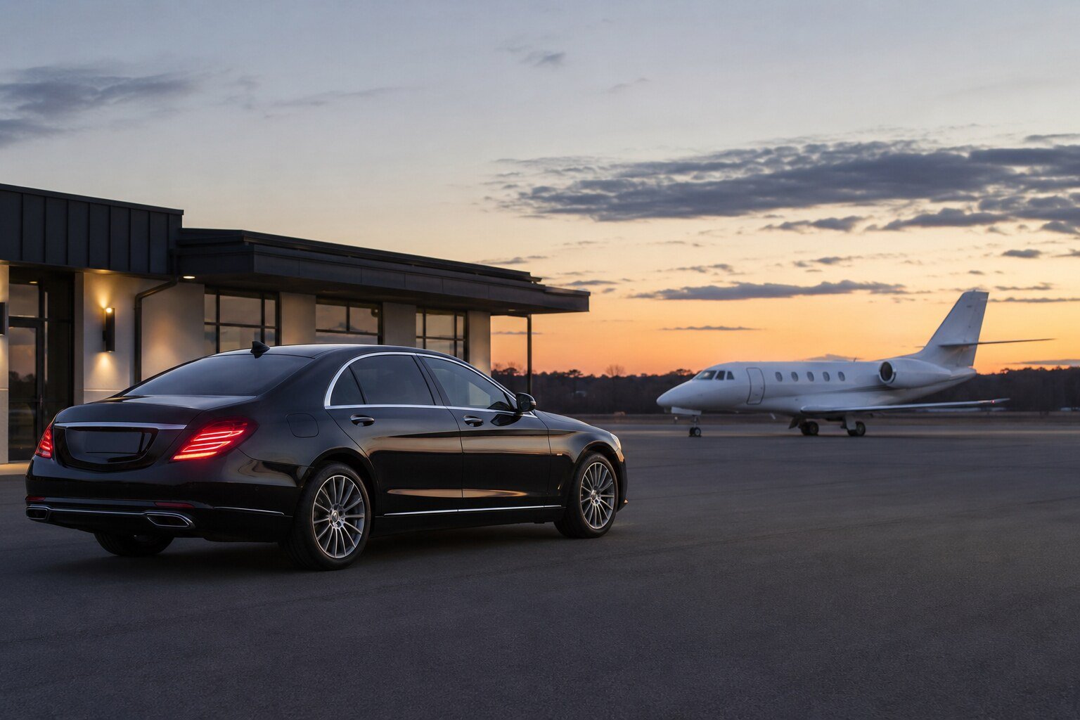 A black executive vehicle on a regional airport apron at dusk
