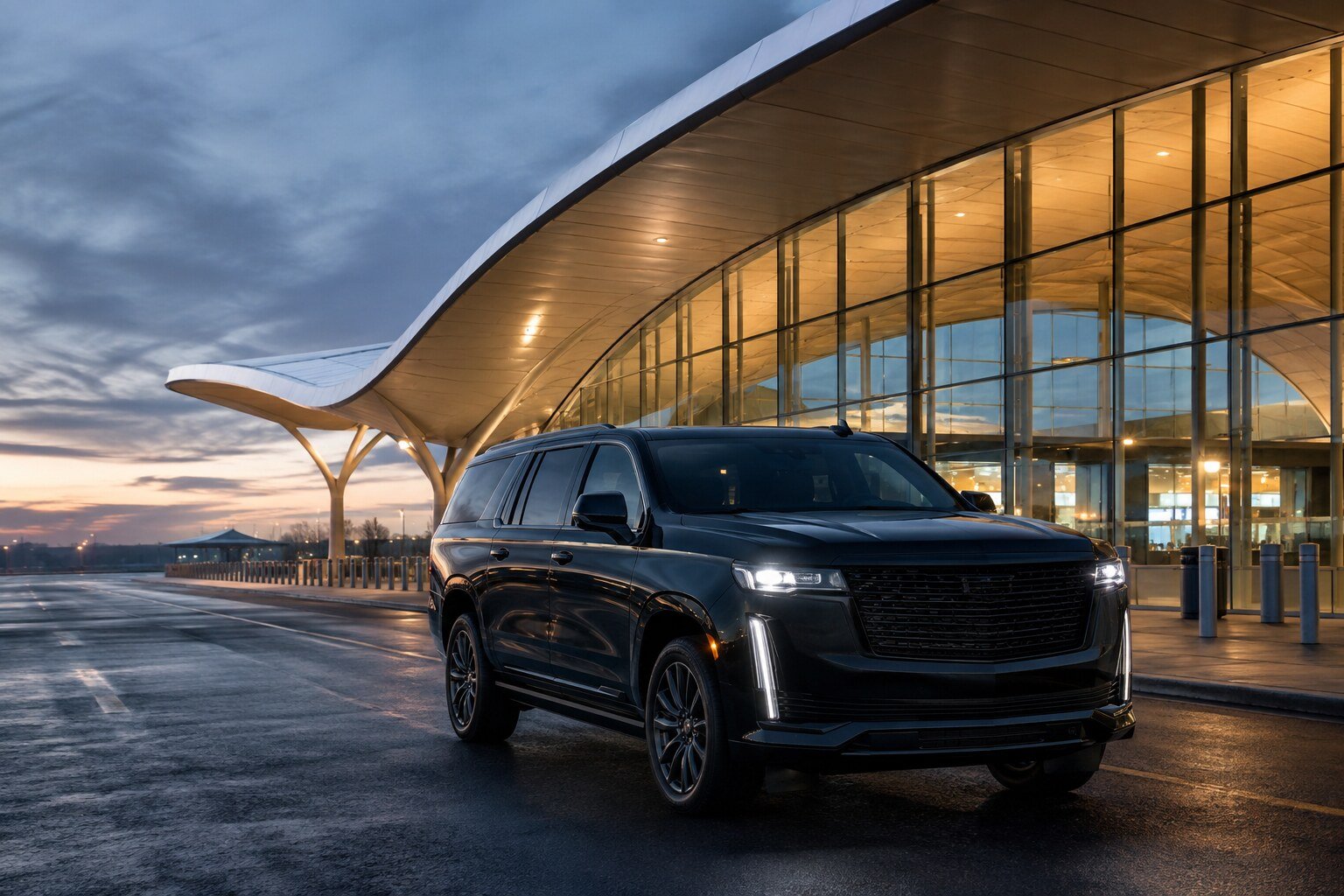 A black executive vehicle at a wide terminal forecourt at dusk