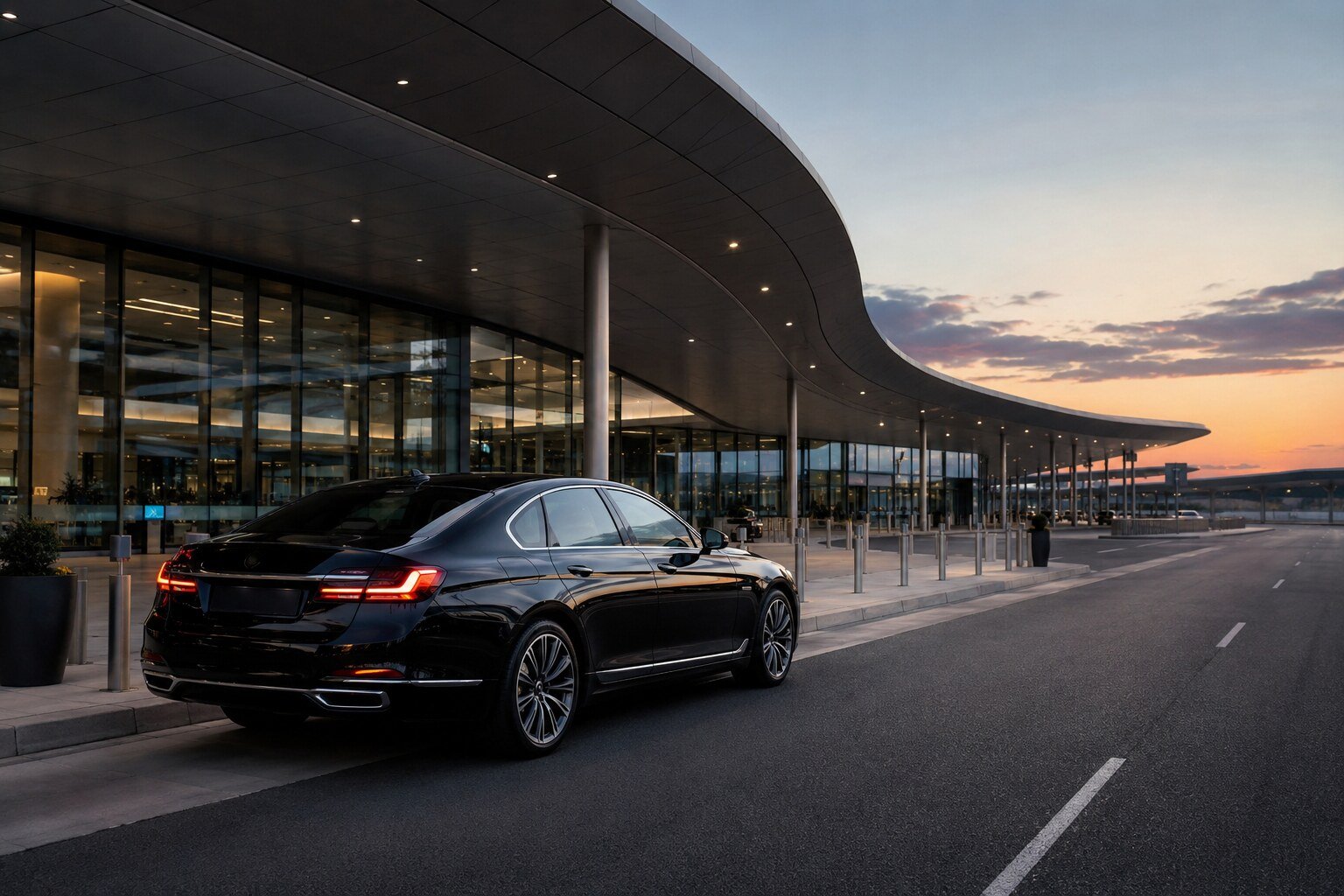 A black executive vehicle waiting at a terminal forecourt at dusk