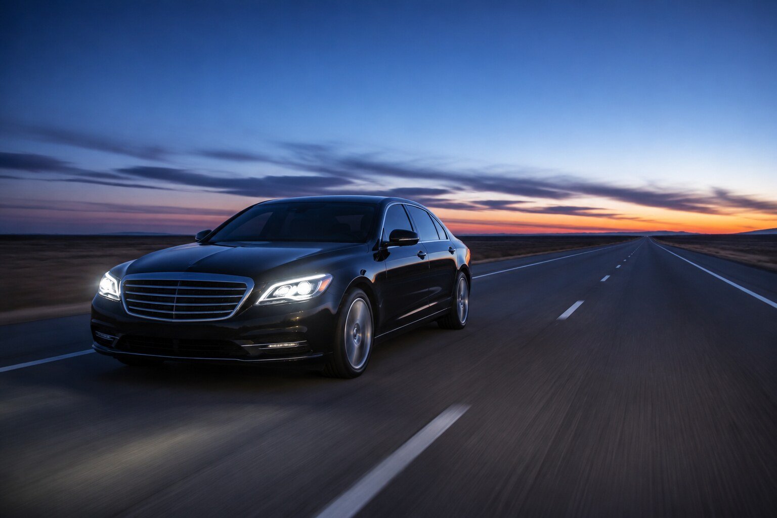 A black executive vehicle travelling an interstate at dusk