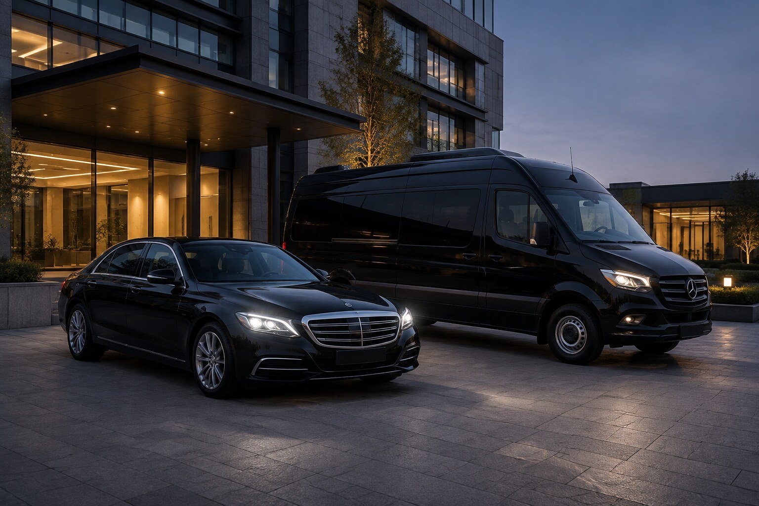 Two black executive vehicles at a corporate campus entrance