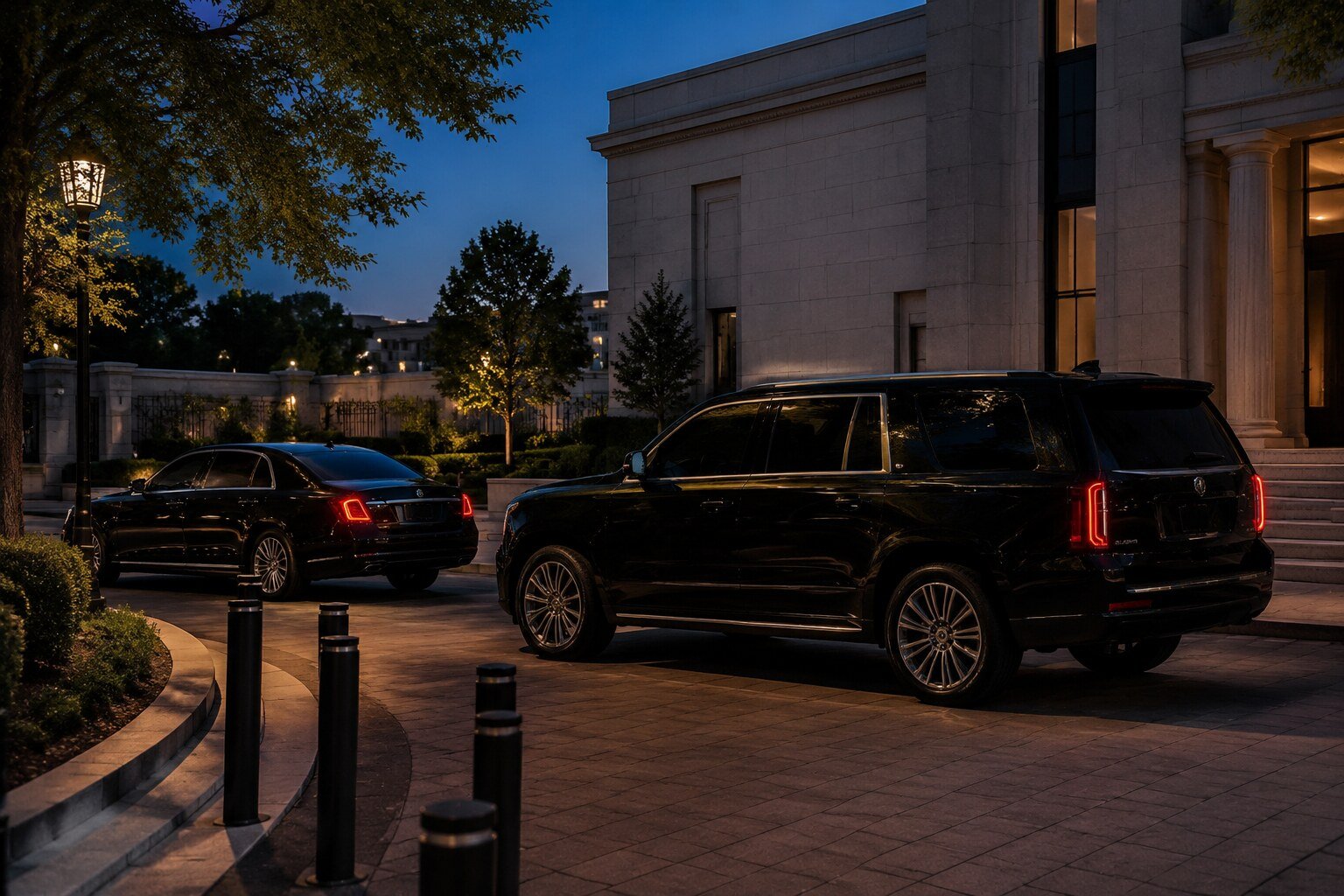A discreet black executive vehicle near restrained civic architecture