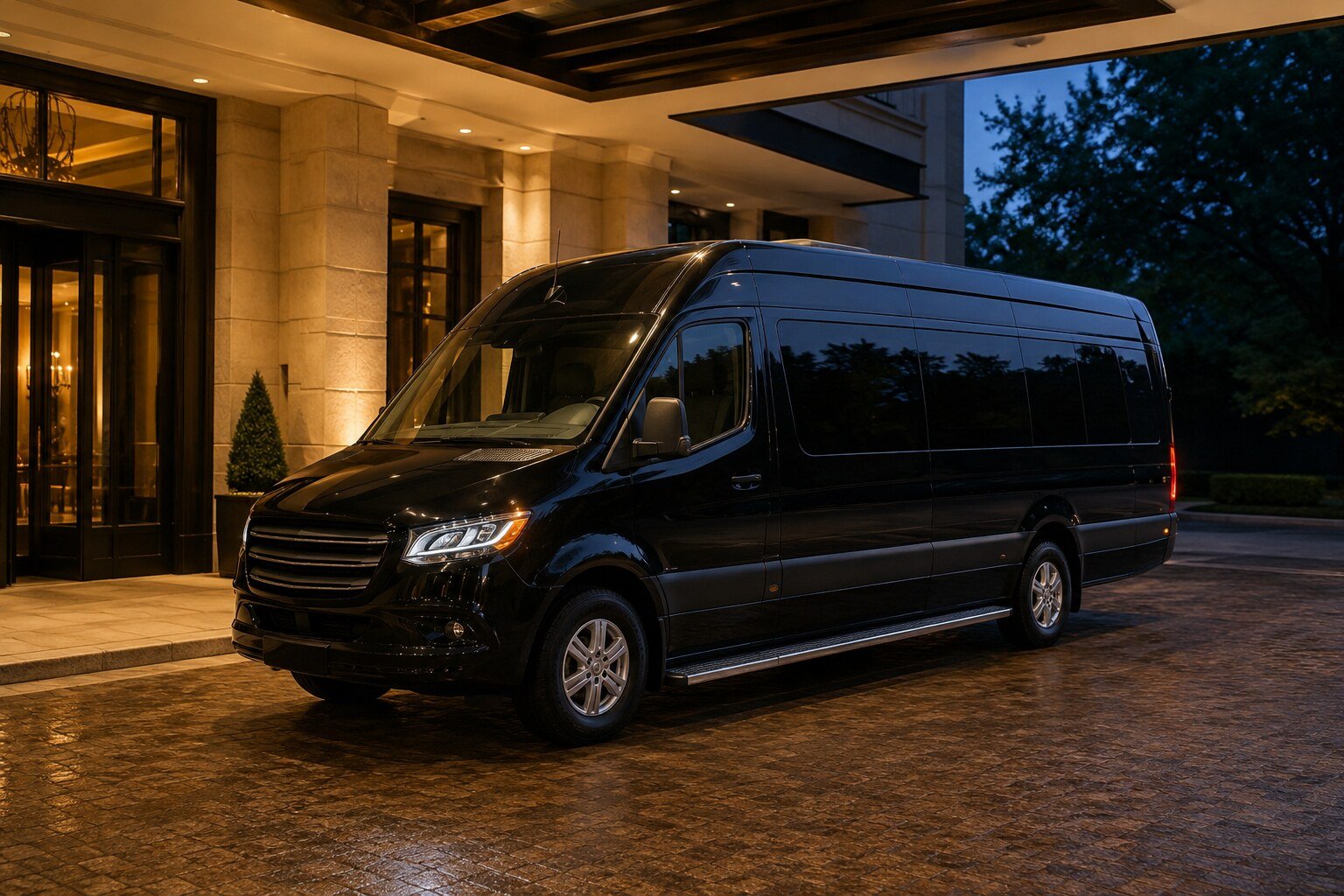 A black executive Sprinter outside a venue in the evening