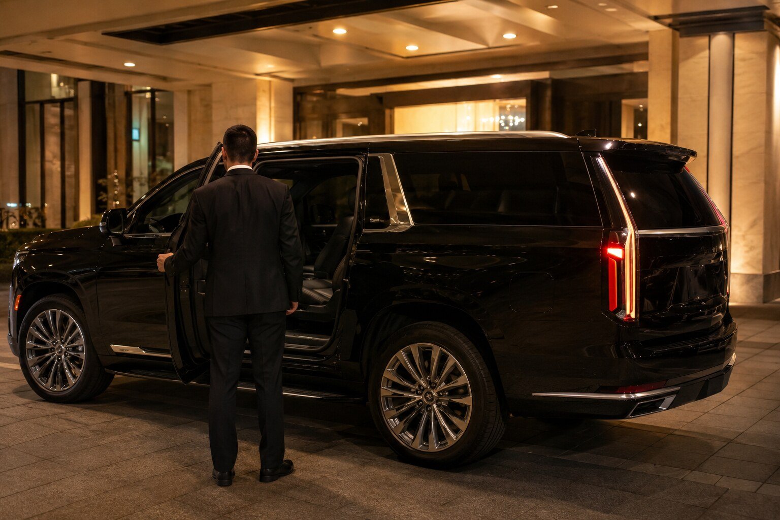 A chauffeured vehicle waiting at an upscale hotel entrance