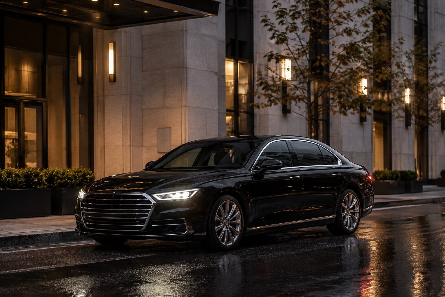 A black executive sedan at a city kerb at dusk