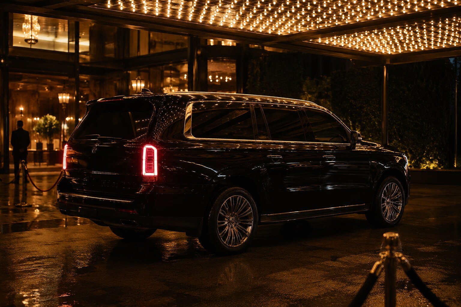 A black executive vehicle arriving at a formal venue at night