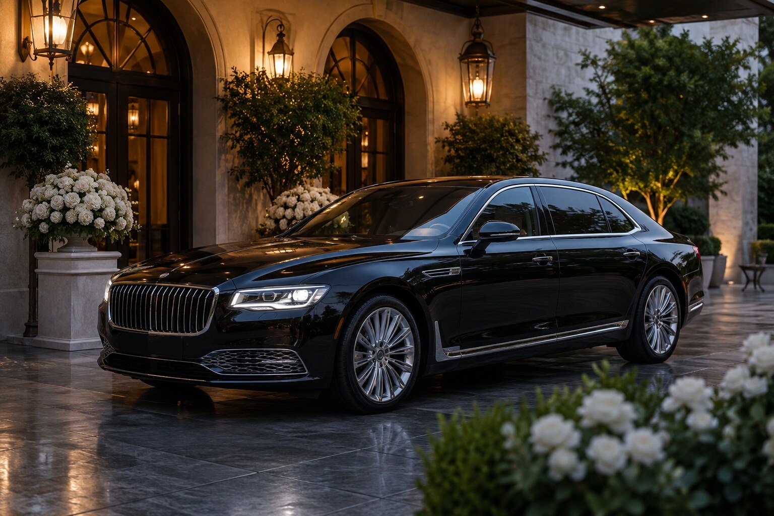 A black executive vehicle at a wedding venue entrance in the evening
