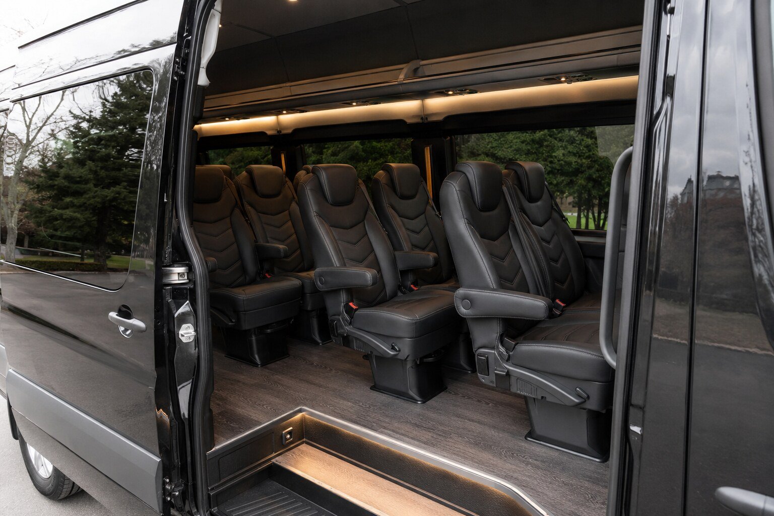 The cabin of an executive Sprinter seen through the open side entrance