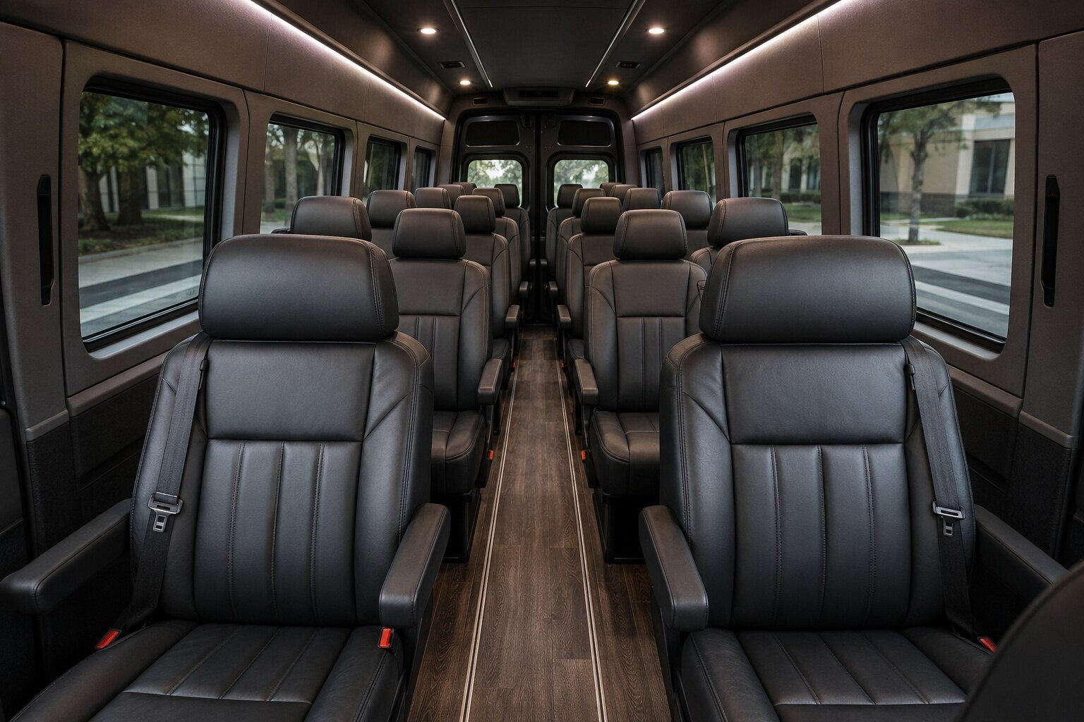 An executive Sprinter cabin looking back over the full passenger layout