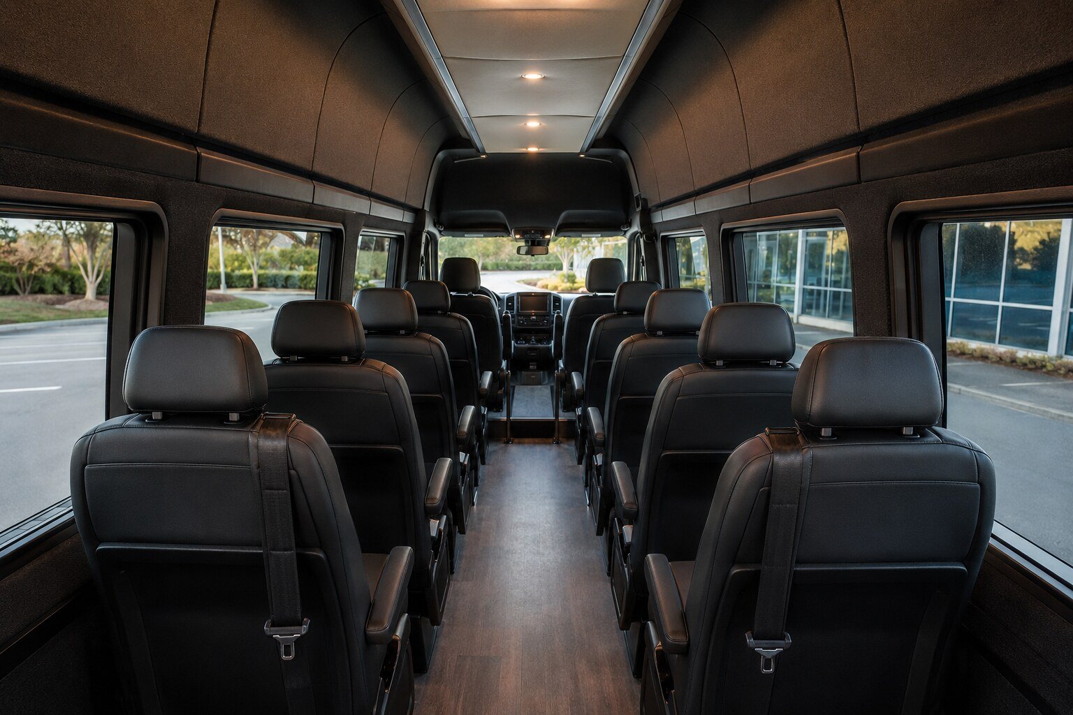An executive Sprinter cabin looking forward along the captain’s chairs