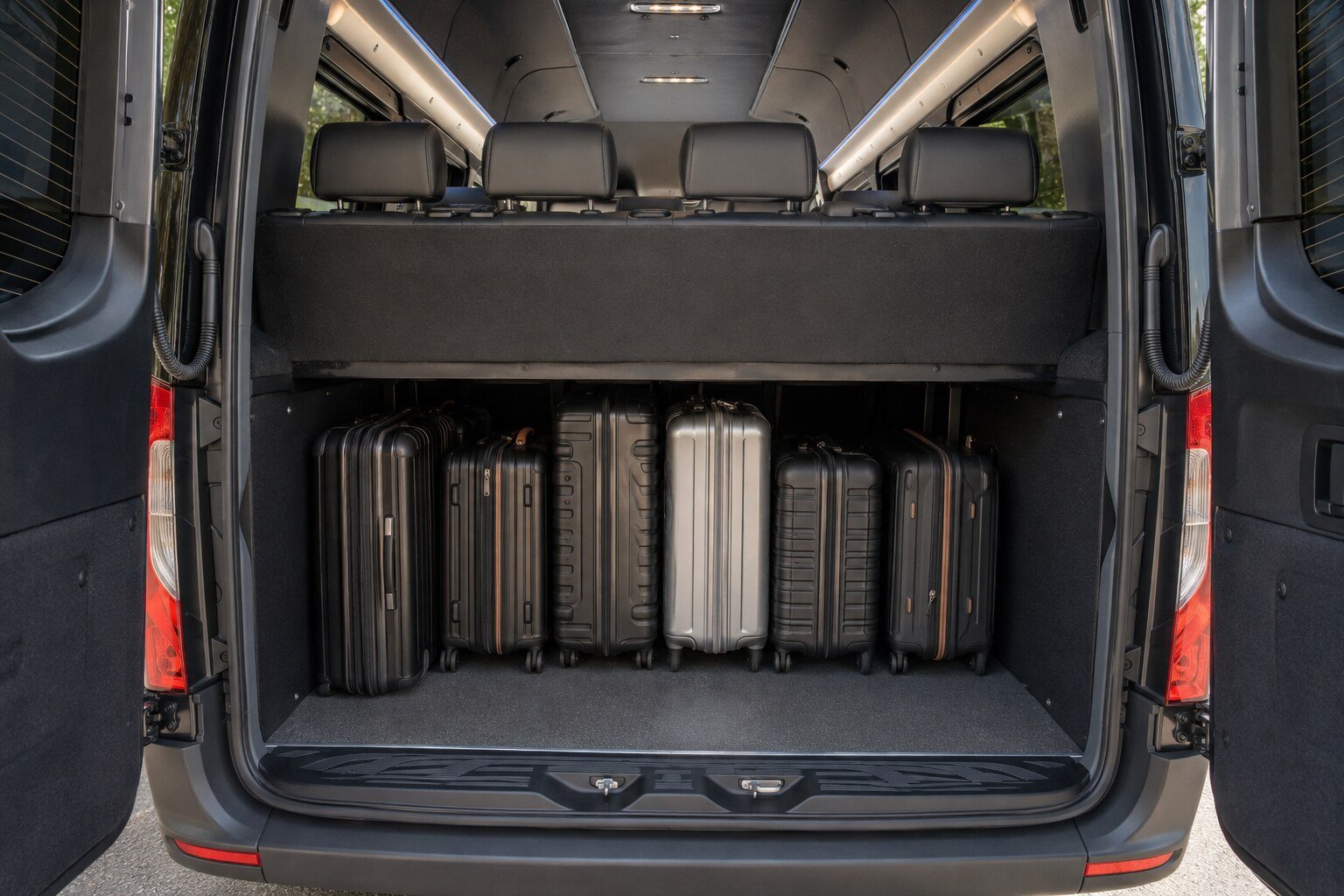 The luggage compartment of an executive Sprinter loaded with suitcases